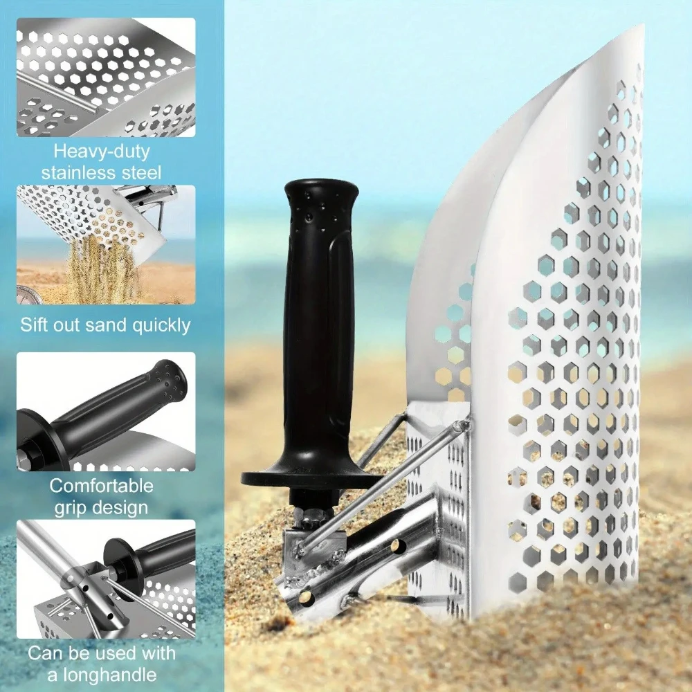 Rostfreie Strandsandschaufel aus Edelstahl mit verstärktem Griff – robuste Metalldetektionsschaufel für schnelles Sieben und Graben Image