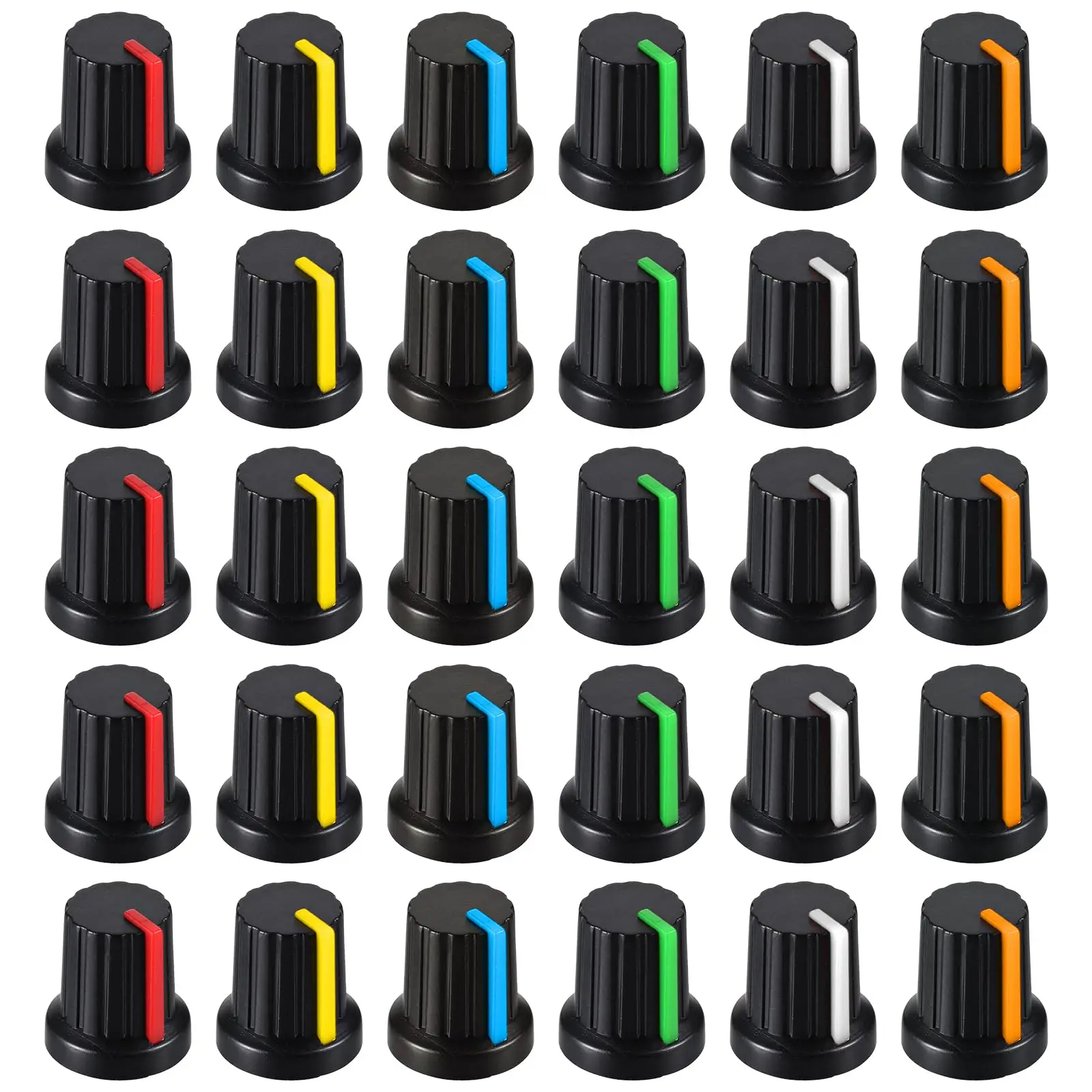 30 Stück, 6 Farben zur Auswahl, WH148 Potentiometerknopf, 15 x 17 mm, 6 mm Schalterknopfkappe – Gelb, Orange, Blau, Weiß, Rot, Grün Image