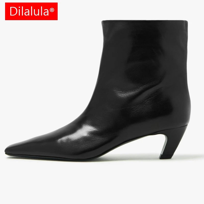 Dilalula 2025 Genuine Leather Ankle Boots Ladies Office Square Toe Slip On Med Thick Heels Autumn Winter Short Booties Dress