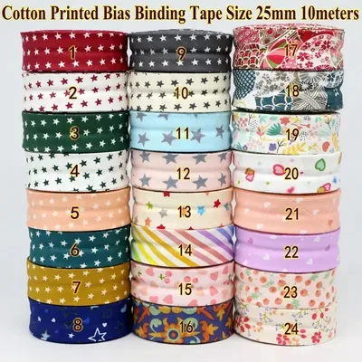 100% Cotton Printed Bias Binding Tape Stars & Flowers Welt Cloth Strip DIY Handmade Ribbon 25mm x