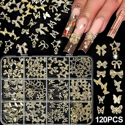 120pcs/box 3D Gold Bow Butterfly Nail Metal Charms Shiny Cute Bowtie/Diamond Star Nail Jewelry 120
