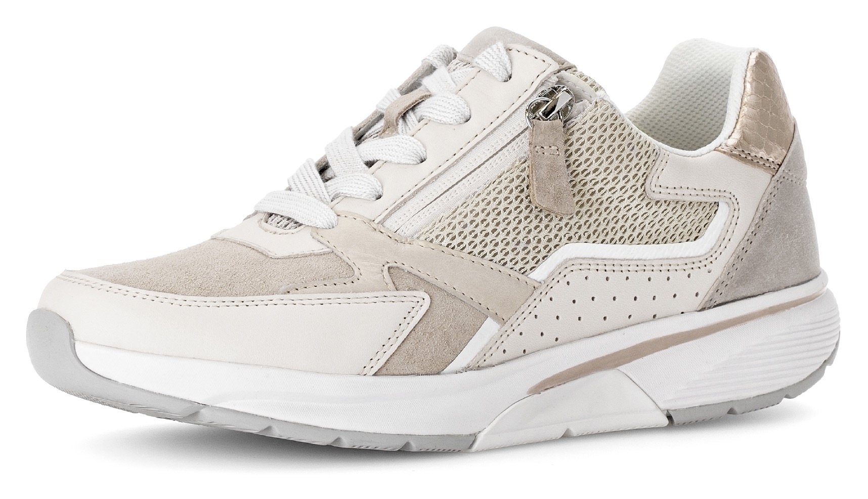 Keilsneaker GABOR ROLLINGSOFT, Damen, Gr. 44, beige (hellbeige, ivory), Textil, Veloursleder, Ziegenleder, Schuhe Sneaker, Freizeitschuh, Halbschuh, Schnürschuh im sportivem Materialmix