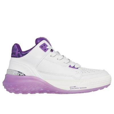 Skechers Women's Snoop Dogg: Sizzle - Buckets OG Sneaker | Size 6.5 | White/Purple | Leather/Synthetic/Textile