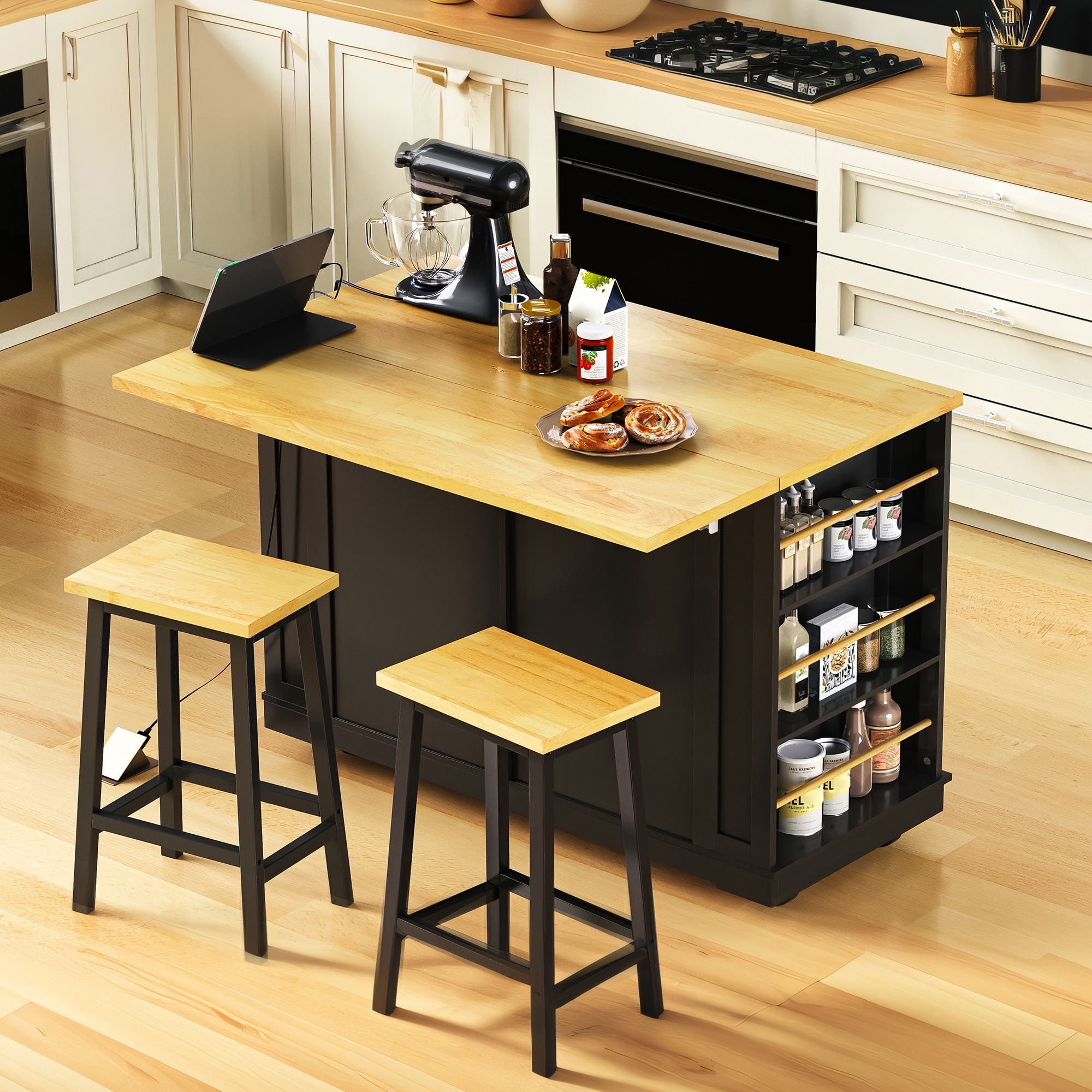 48" Kitchen Island with Drop Leaf, Rolling Kitchen Cart On 5 Wheels With Open Side Rack & Drawer, Kitchen Storage Cart