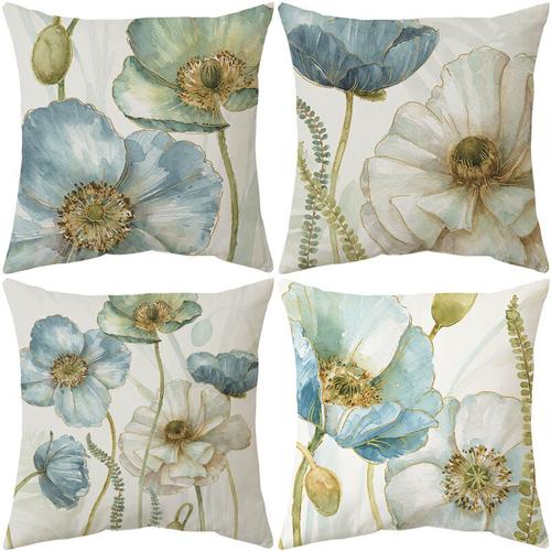 Extérieur Housse de Coussin, Lot de 4 Imperméable Fleurs Jaunes et Bleues Motif Canapé Taie