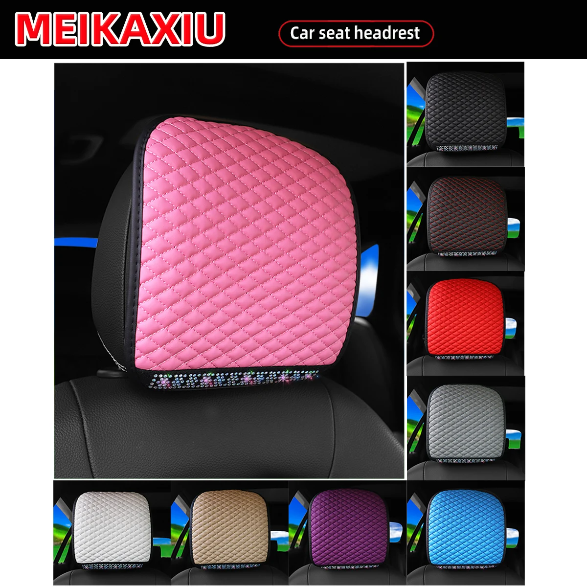 1 PU-Leder bestickte dreidimensionale Diamant Blingbling rutschfeste Auto-Kopfstütze für die Trennung der Sitz-Kopfstütze von Damen Image