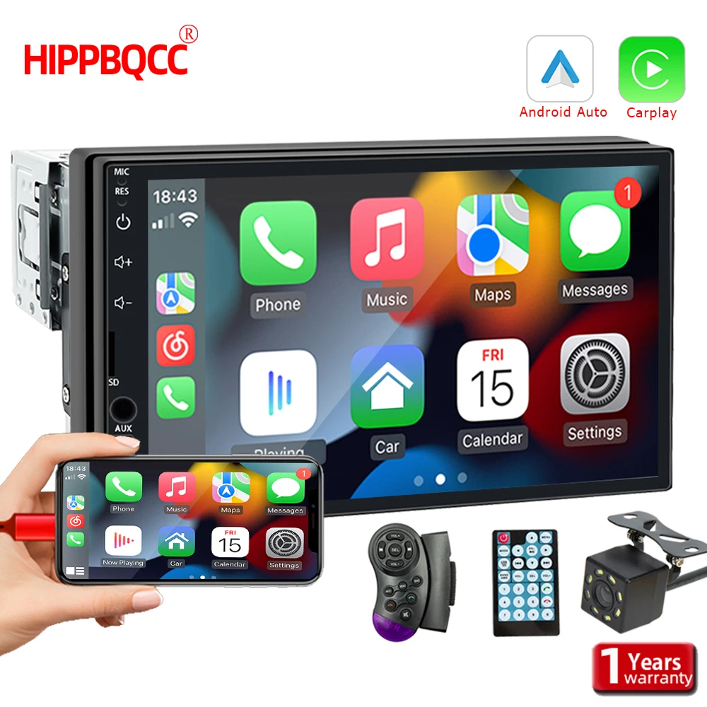 HIPPBQCC Autoradio 1 Din Carplay Android Auto Multimedia Player HD 7 Zoll Touchscreen AUX Eingang Bluetooth MirrorLink Autoradio Image