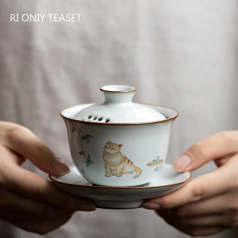 Chinesische Ru Brennofen Keramik Gaiwan Nette Katze Muster Filter Teetasse Reise Tragbare Handgemachte Tee Schüssel Hause Tee-Set Drink 150ml Image
