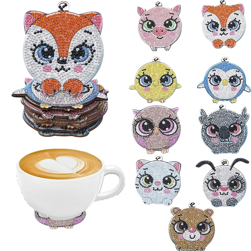 9 Stück DIY-Untersetzer mit Tier-Diamant-Malerei, ohne Getränkehalter, rutschfeste Holz-Untersetzer für Zuhause, Küche, Büro, Party-Dekoration Image