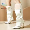 Größe 34-48 Mode Spitze Kniehohe Stiefel Frauen 10 CM Dünne Fersen Modell Bühne Zeigen Weiße Lange Schuhe 2025 Designer Plissee Stiefel