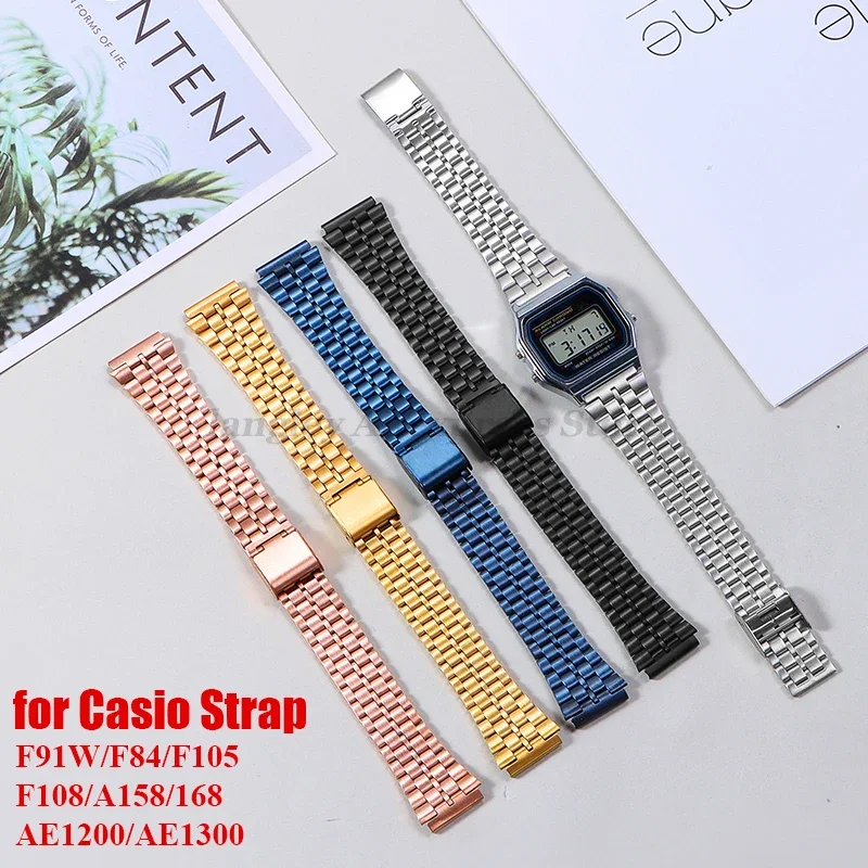 Vintage-Edelstahl-Uhrenarmband für Casio SGW400 F91W F84 F105/108/A158/168 AE1200/1300, 18 mm Herren, ultradünne Sportarmbänder Image