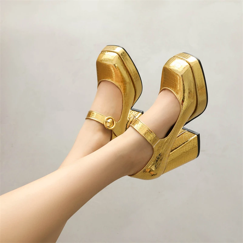 Punk High Heels Pumps Mary Janes Shoes Woman Platform Luxury Gold Red Women's Heeled Party Office Wedding Shoes Large Size