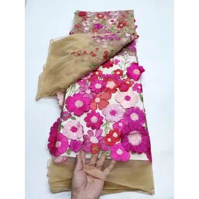 Luxury 3D Flower Lace Fabric, French Embroidery, Tulle Mesh, African Fabric, Wedding Party Dress,Sewing, High Quality Pink, 2025