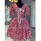 2025 New Women Floral Print Ruched V-neck Big Swing Mini Midi Dress 2025 Short Sleeve Birthday Sexy