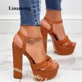 Sandali con tacco grosso con plateau alto e papillon Linamong Fashion Open Toe Marrone Bianco Pelle opaca Scarpe eleganti con tacco spesso di grandi dimensioni