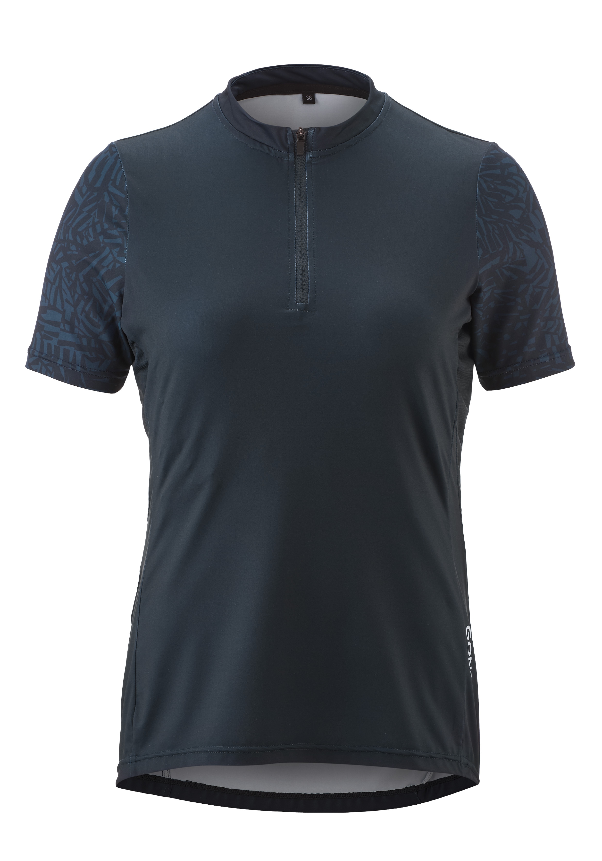 Radtrikot GONSO "Adventure Jersey Halfzip W", Damen, Gr. 44, blau (nachtblau), 88% Polyester (recycelt), 12% Elasthan, Rundhals, Trikots, Damen Fahrradtrikot kurzarm, Rückentasche mit RV, Quick-Dry, Slim Fit Image