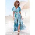 Maxikleid BUFFALO, Damen, Gr. 40, N-Gr, blau (blau bedruckt), Jersey, Obermaterial: 100% Viskose, bedruckt, animal-print, modisch, figurbetont knöchellang, V-Ausschnitt, Kurzarm, Kleider, im Vokuhila-Schnitt, Schlitz und Volant, Flügelärmel, Druckkleid