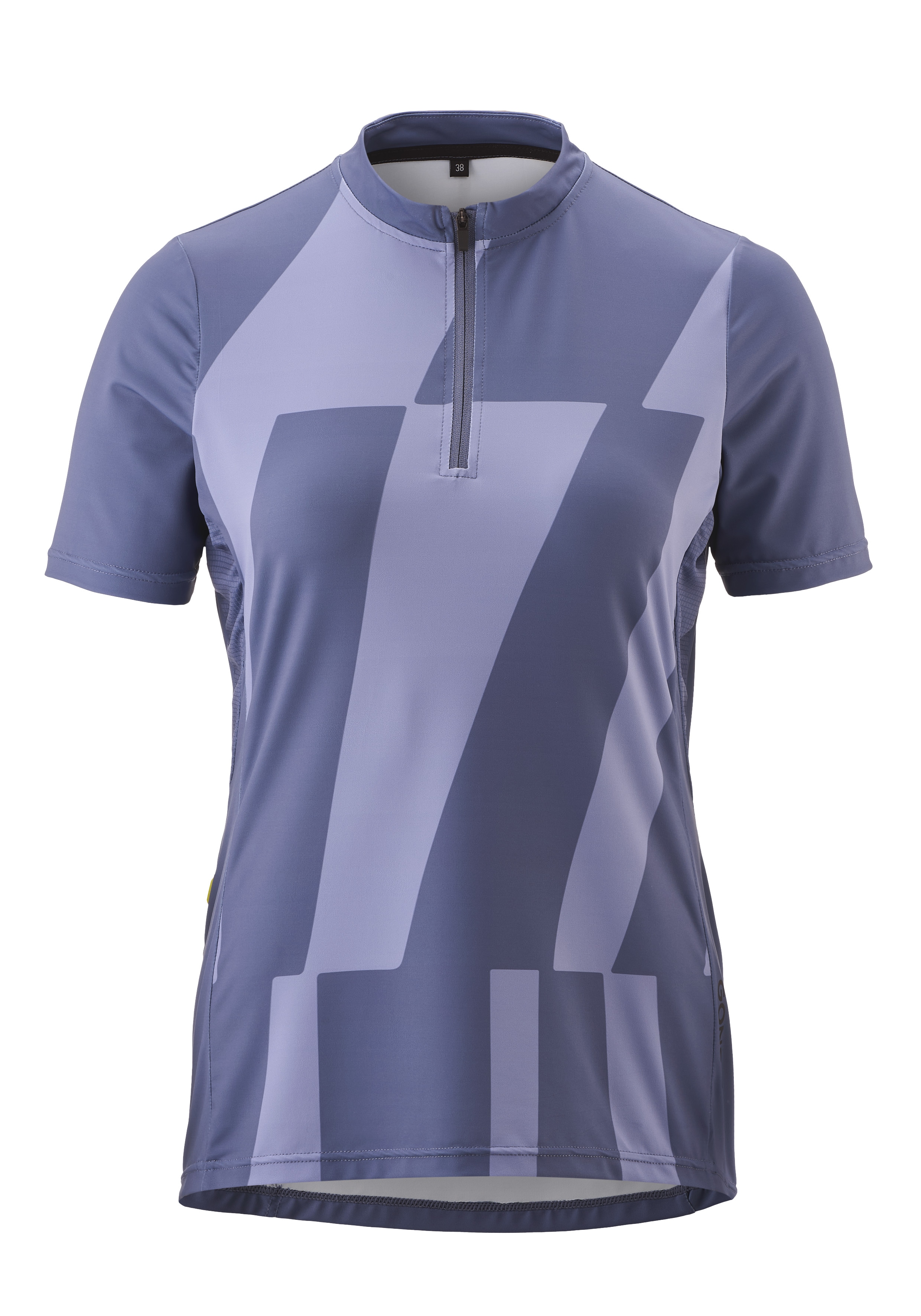 Radtrikot GONSO "Adventure Jersey Halfzip W", Damen, Gr. 38, blau (graublau), 88% Polyester (recycelt), 12% Elasthan, Rundhals, Trikots, Damen Fahrradtrikot kurzarm, Rückentasche mit RV, Quick-Dry, Slim Fit Image