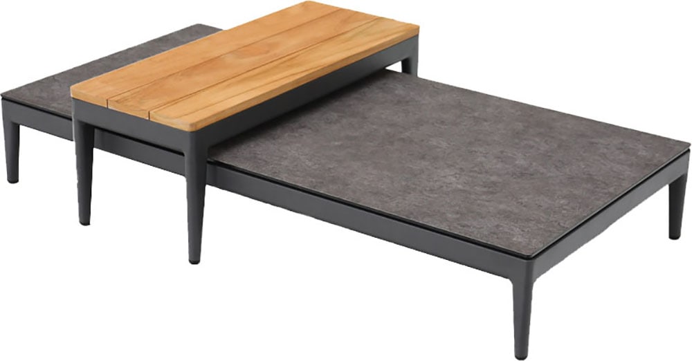 Beistelltisch BEST "Athene", grau (anthrazit – teakholz), B:144cm H:36cm T:74cm, Aluminium & Keramik / Aluminium & Teakholz, Tische, Beistelltisch-Set 2-tlg.