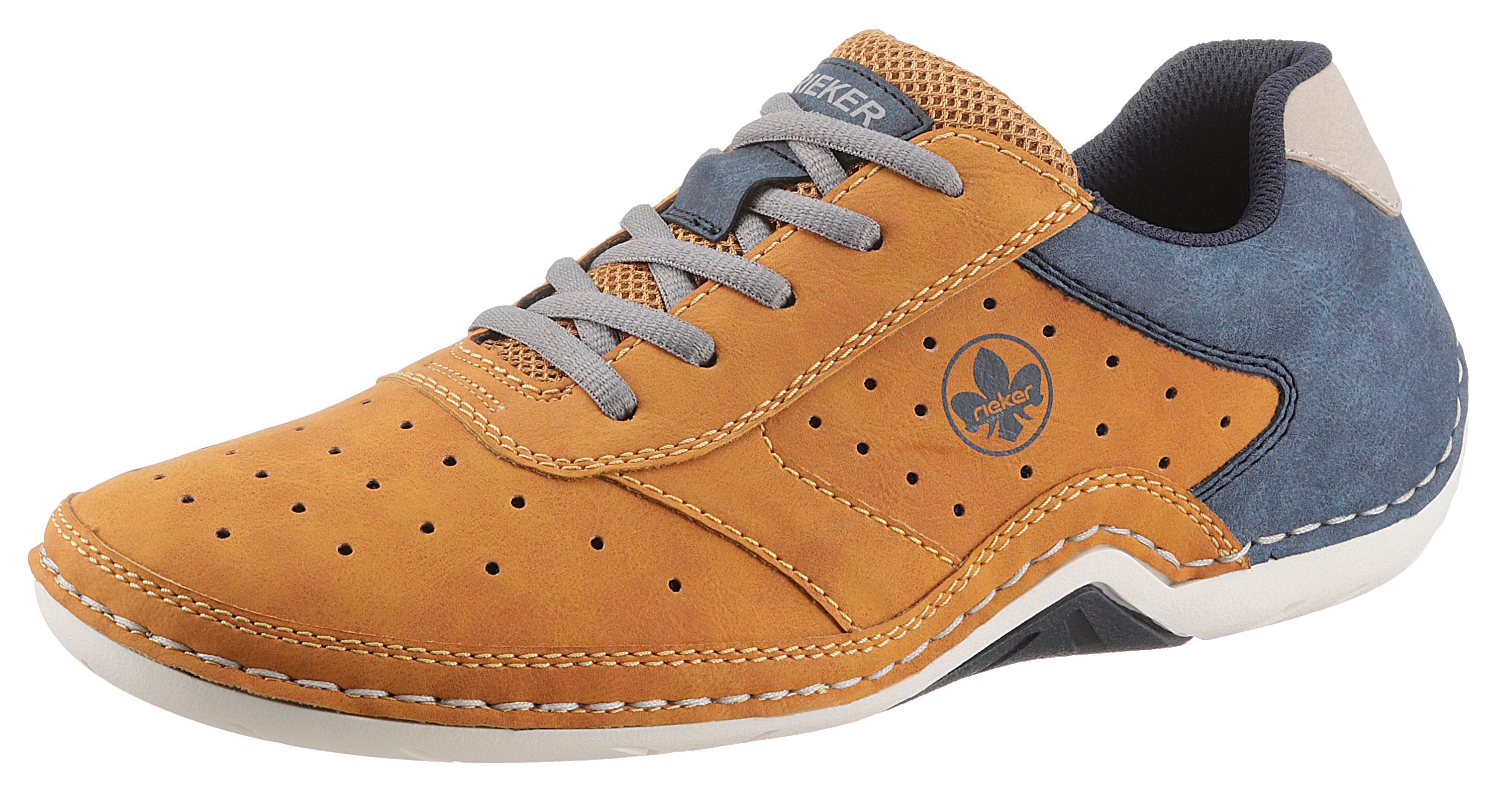 Sneaker RIEKER, Herren, Gr. 46, bunt (ocker, jeansblau), Nubuklederimitat, Textil, Schuhe Sneaker, Schnürschuh, Halbschuh, Freizeitschuh mit MemoSoft-Innensohle