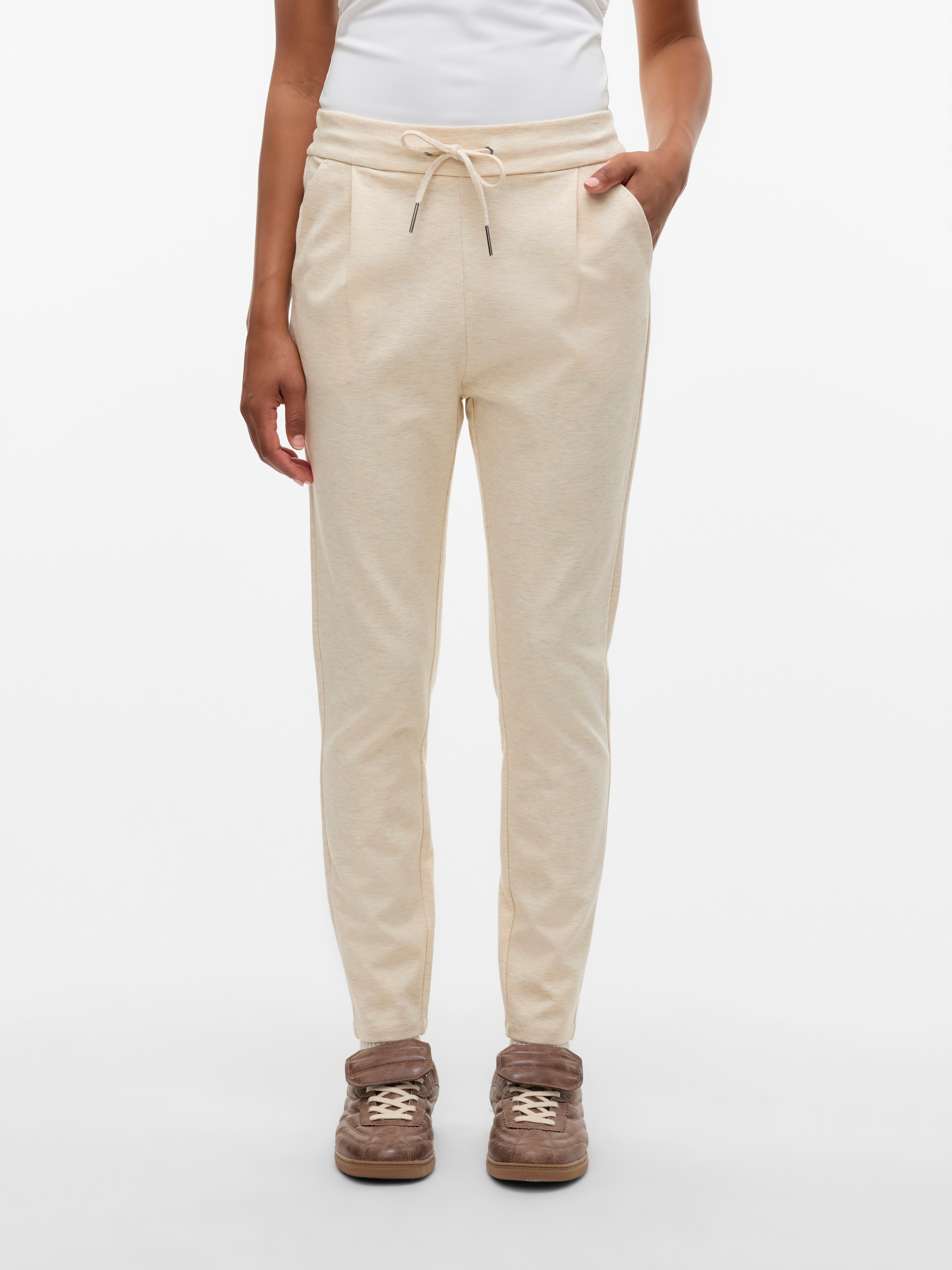 Jogger Pants VERO MODA "VMEVA MR LOOSE STRING PANT GA NOOS", Damen, Gr. XS (34), Länge 30, beige (pumice stone detail:melange), Web, Obermaterial: 65% Viskose, 30% Nylon, 5% Elasthan, meliert, loose fit 7/8-Länge, Hosen, hinten mit elastischem Bündchen