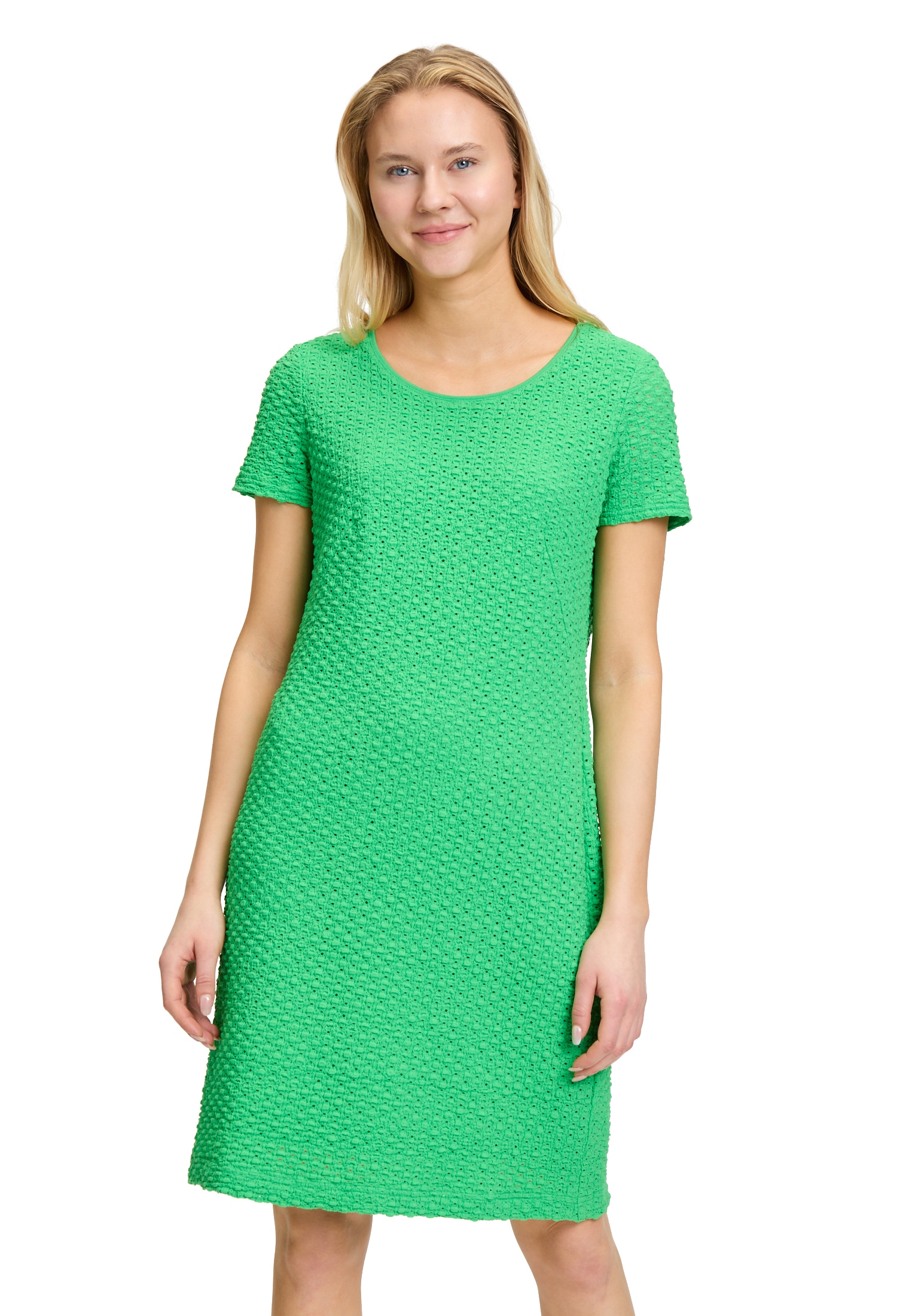 Etuikleid BETTY BARCLAY "Damen mit Rundhalsausschnitt", Damen, Gr. 38, Normalgrößen, grün (island grün), Obermaterial: 50% Polyamid, 48% Baumwolle, 2% Elasthan; Futter: 100% Polyester, figurumspielend kurz, Rundhals, Kleider Etuikleid, Muster