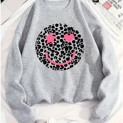 TEMU Women's Fashion Heart And Smile Print Sweatshirt, Comfortable Polyester Crew Neck Pullover, Mature Style Alphabet Pattern, Stretch Knit Fabric, For All Image
