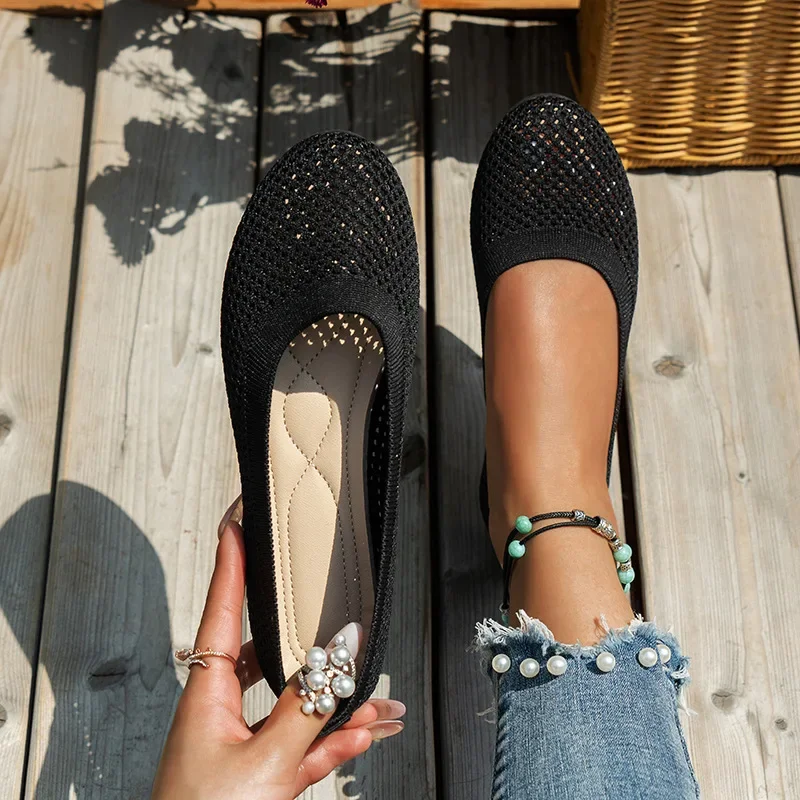 Round Toe Flats for Women Slip on Casual Shoes Office Boat Shoes Soft Sole Loafers New Mesh Shallow Shoe Plus Size Women Shoes