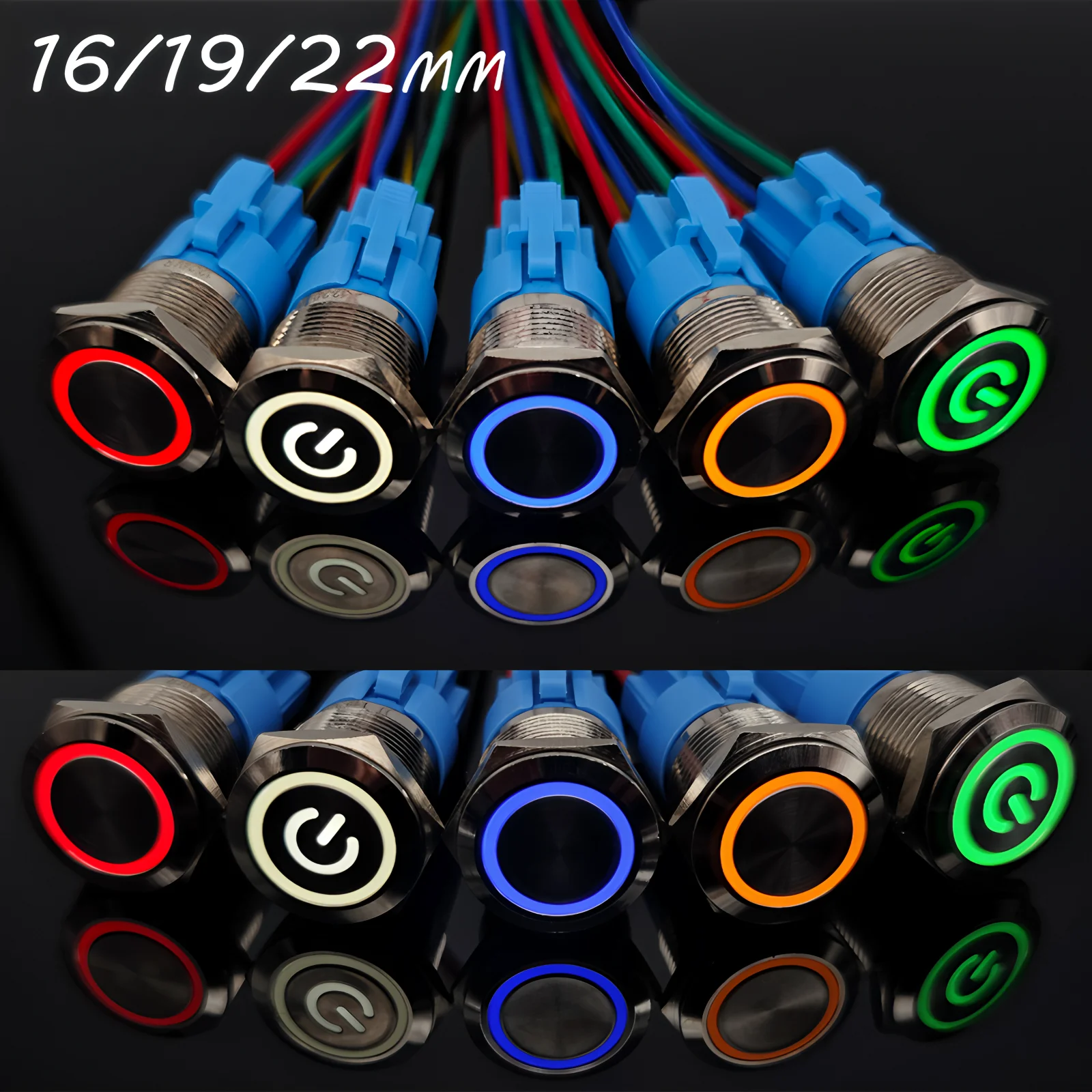 16mm 19mm 22mm Metall-Drucktastenschalter Ein/Aus PC-Netzschalter Flachkopf mit Kabel für Auto Momentan Verriegelnd Fest 5V 12V 24V 220V Image
