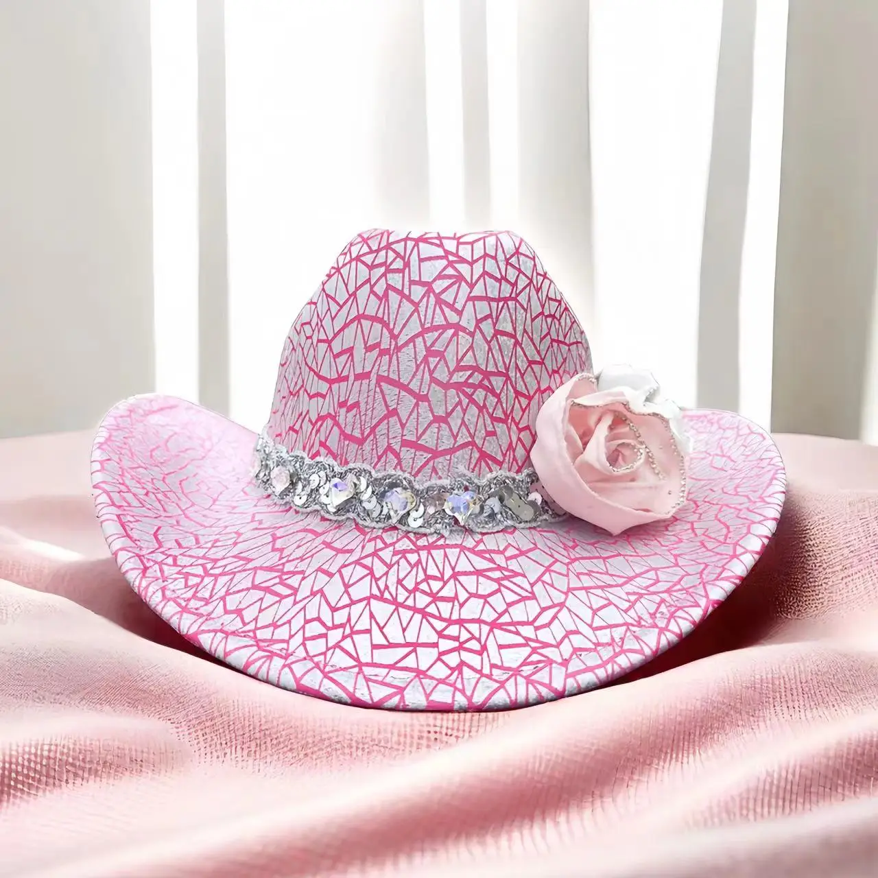 Brennender Mann rosa westlichen Cowboyhut für Männer Frauen Burning man erwachsene Blume breite Sommer breite Krempe Strand Halloween Hut im Freien Image
