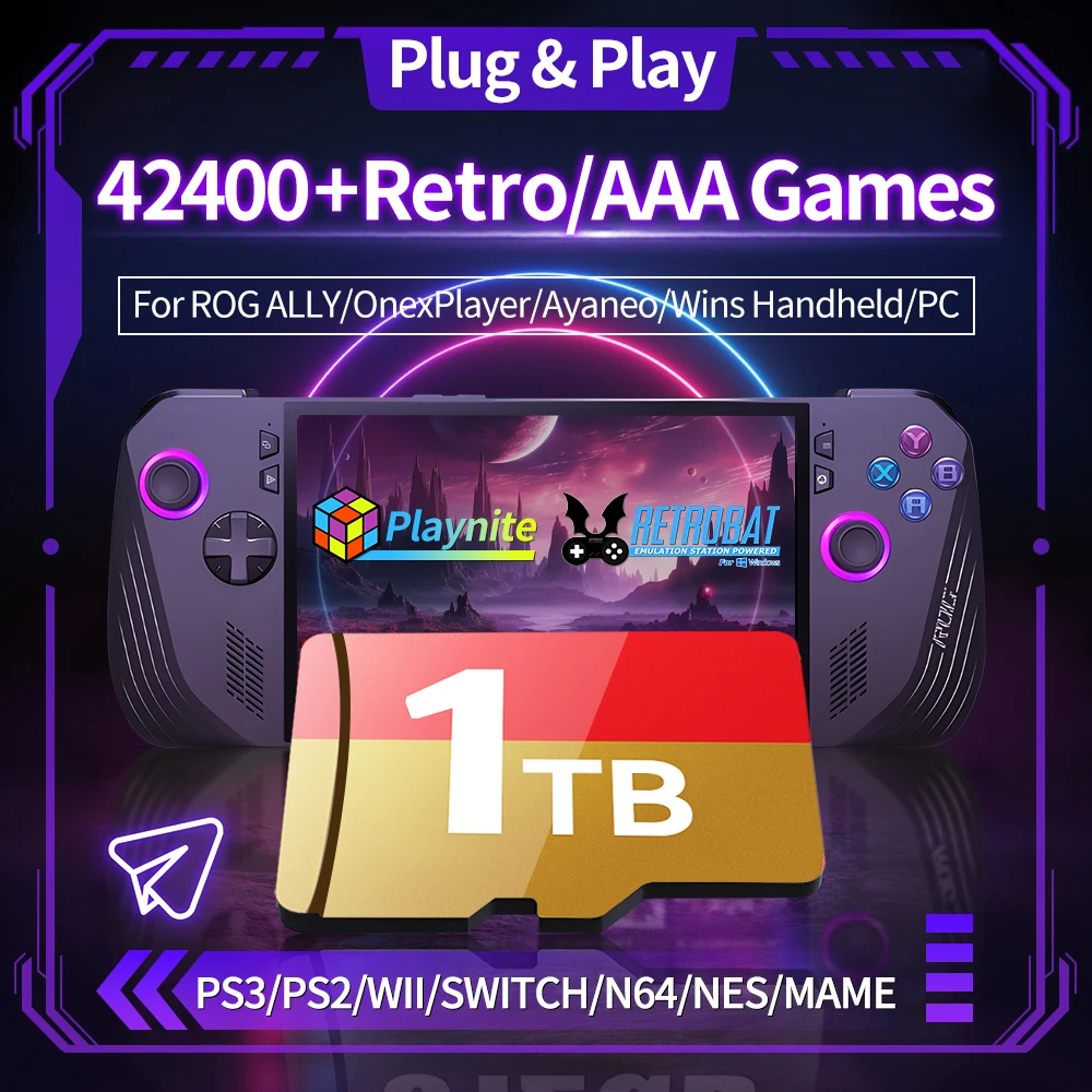 Spielkarte 1T für Spielekonsole mit 42467-Spielen für ROG ALLY/Onexplayer/Wins Handheld/PC-Emulatoren von PS3/PS2/WIIU/SWITCH/NES/N64