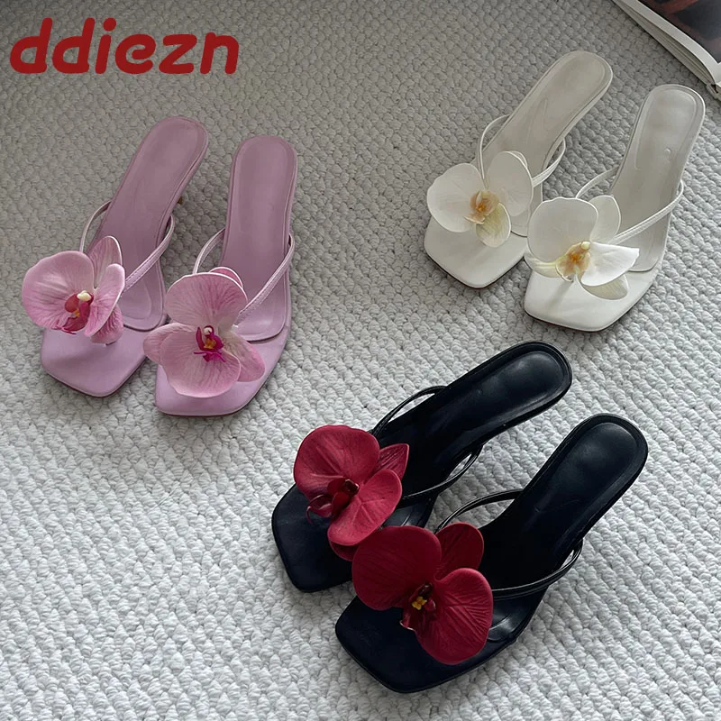 Slip On Pumps Damen Medium Heels Schuhe Mode Blume Frauen Dünne Heels Slides Schuhe Weibliche Flip-flops Schuhe Große Größe 43