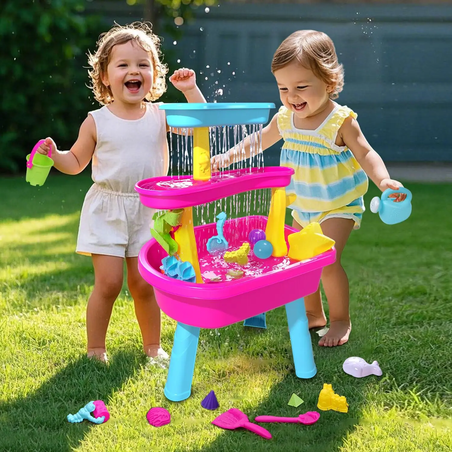 VATOS 3-stöckiger Wassertisch für Kleinkinder, 37-teiliger Kinder-Wassertisch, Regendusche, Pool-Set für sensorisches Sandwasser-Spiel, Sommerspielzeug Image