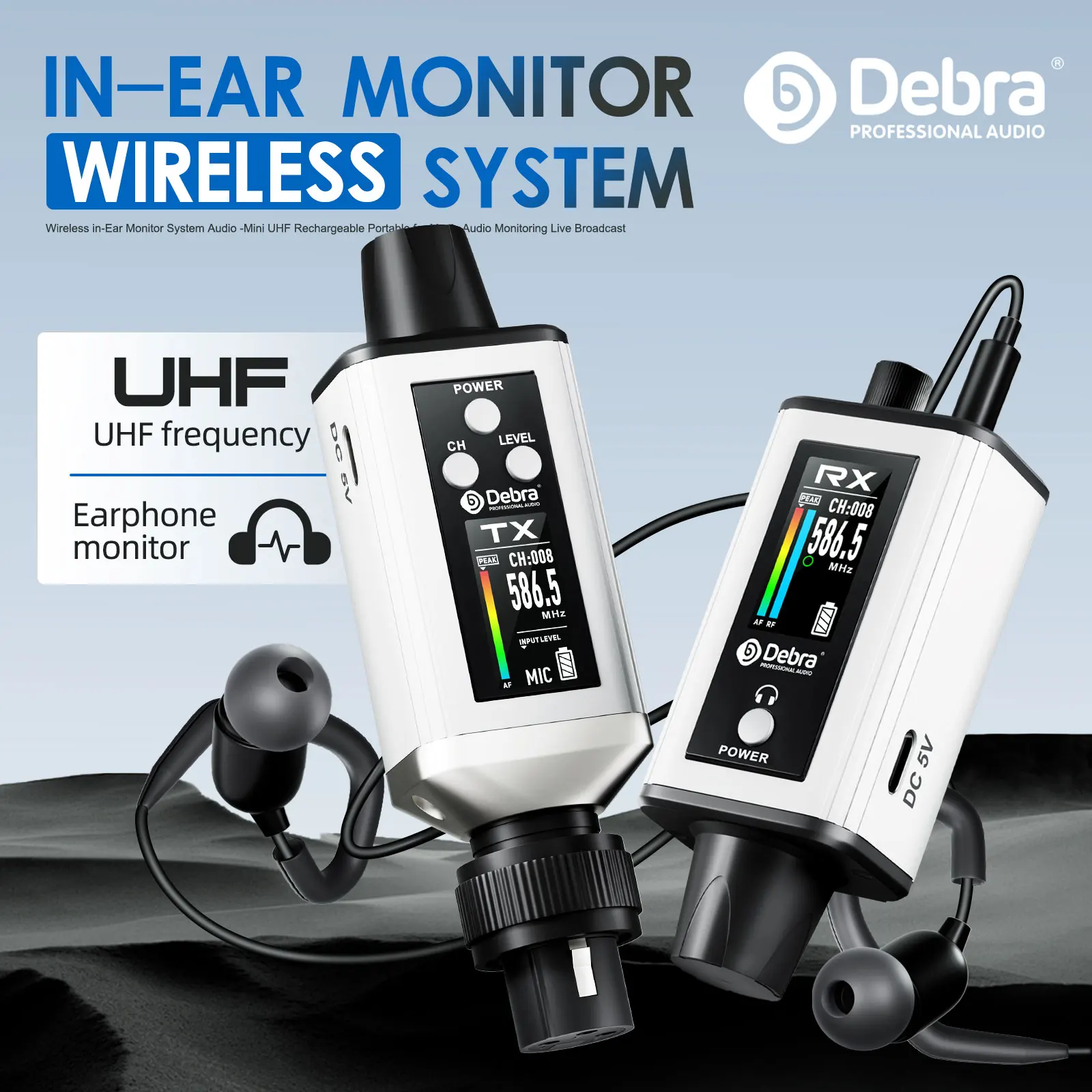 2025 NEU Debra Audio UHF IEM Stereo EMX-1 kabelloses Überwachungssystem Wiederaufladbar mit 16 einstellbaren Frequenzen auf dem Bildschirm Image