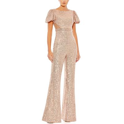 Mac Duggal Sequined Puff Shoulder Illusion Cutout Jumpsuit