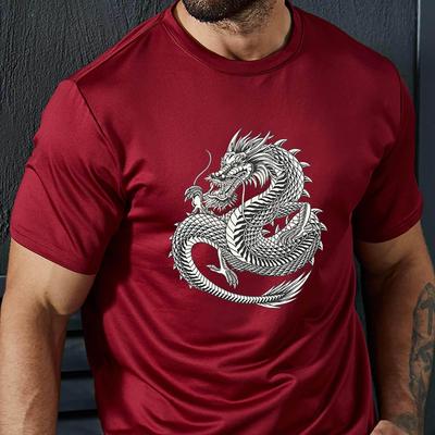 TEMU Plus Size, Dragon Pattern, Men's Trendy Stretchy Breathable T-shirt, Casual Comfy Short Sleeve Tee For Summer, Men's Clothing Image