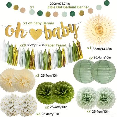 TEMU 14pcs Yuebaaf Baby Shower Decorations Set, Oh Baby Banner, Tassels, Pom Poms, Paper Lanterns, Wreath, With No Electricity Needed, For Neutral Theme Parties Image