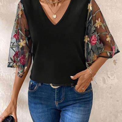 TEMU Women's Plus Size V-neck T-shirt With Floral Lace Sleeves - Elegant, Comfortable, And Stylish, Spring/summer/fall, Casual Wear| Top|stretchy Fabric Image