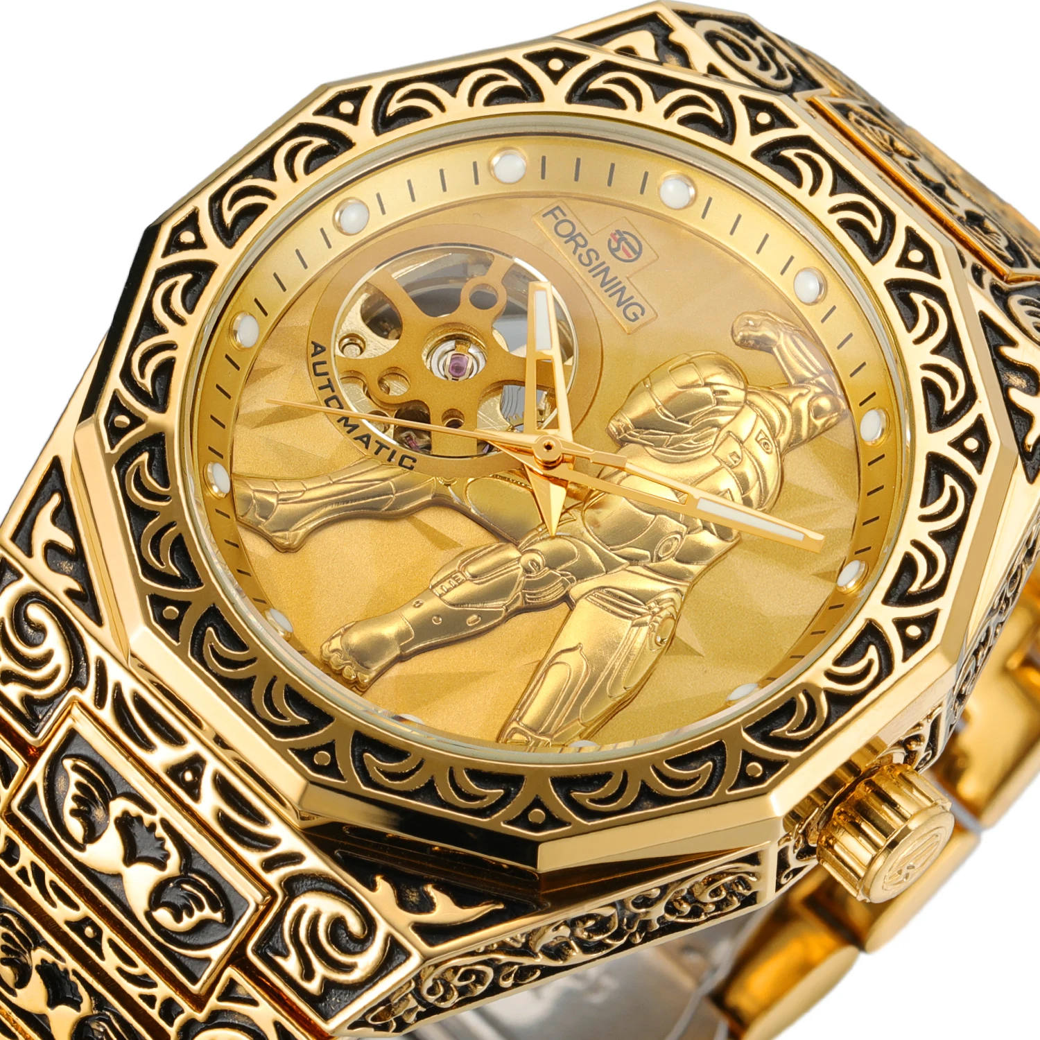Forsining Vintage Gold Mechanische Uhr für Männer Luxus Gravierte Unregelmäßige Gehäuse Edelstahl Armband Business Automatische Uhren