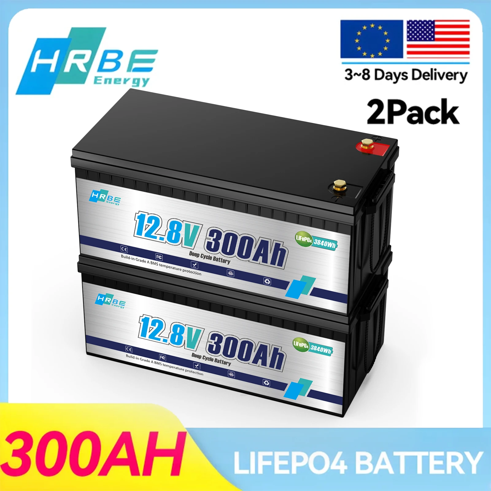 HRBEEnergy 2er-Pack 12V 300Ah LiFePO4-Lithiumbatterie mit integriertem BMS 6000+ Zyklen, für Solar-, Wohnmobile-, Camping- und netzunabhängige Stromsysteme Image