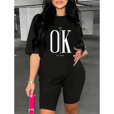 Women's Sports Outfit Set Plus Size Print Short Sleeve T-shirt Top Medium Stretch Comfy Pants
