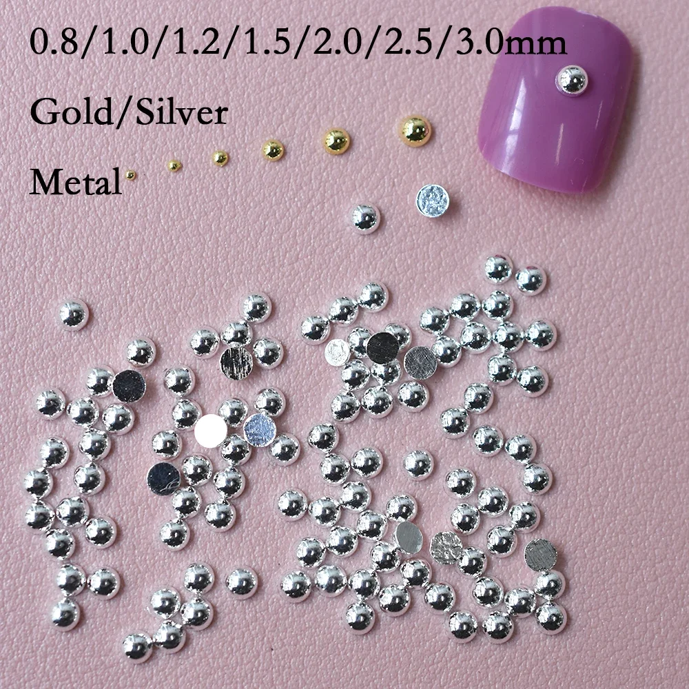 1000 Teile/beutel Gold Silber 0,8-3,0mm Metall Legierung Glitter Flatback Solide Halb Runde Nail art Dekorationen Halbkreis edelsteine Stein DIY Image