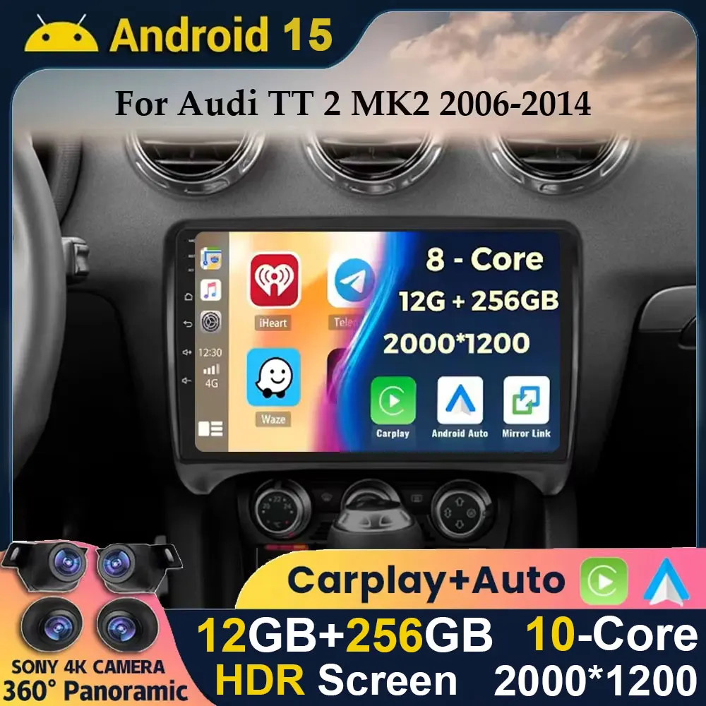 Android 15 WIFI + 4G Carplay Auto Radio GPS Für Audi TT MK2 8J 2006 2007 2008 2009 2010 2011 2012 Auto Stereo Multimedia Player DSP Image