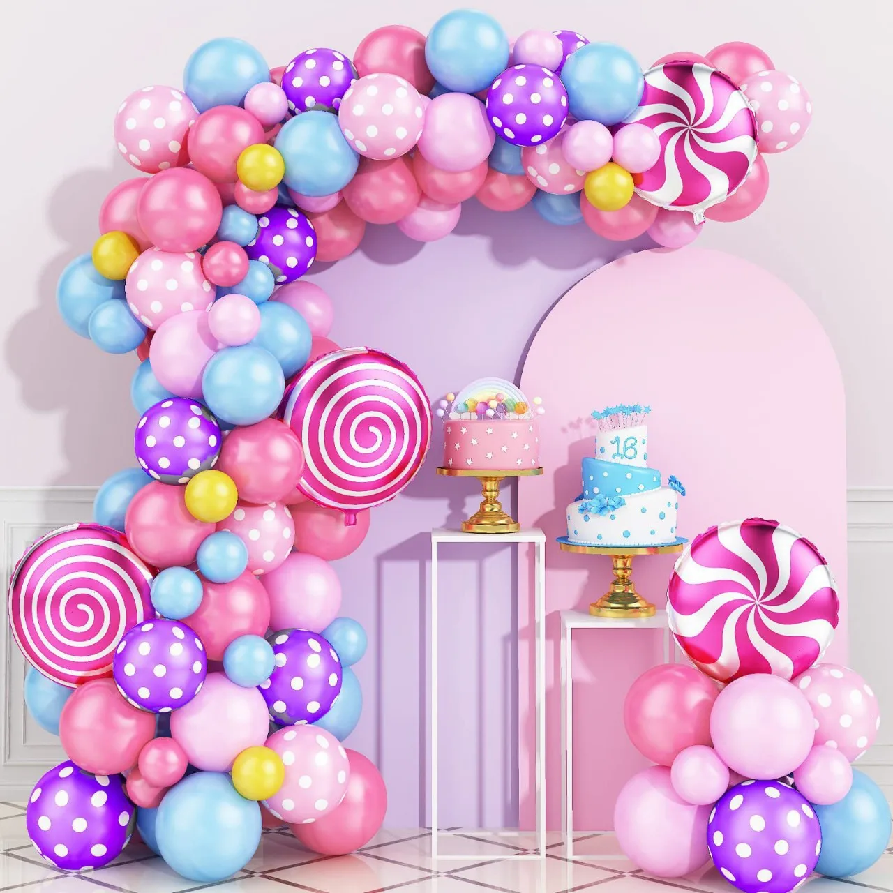 Neues verträumtes Regenbogen-Lutscher-Geburtstagsparty-Zubehör, Donuts, Erdbeeren, Tupfen, Geburtstagsballon-Set-Kombination Image