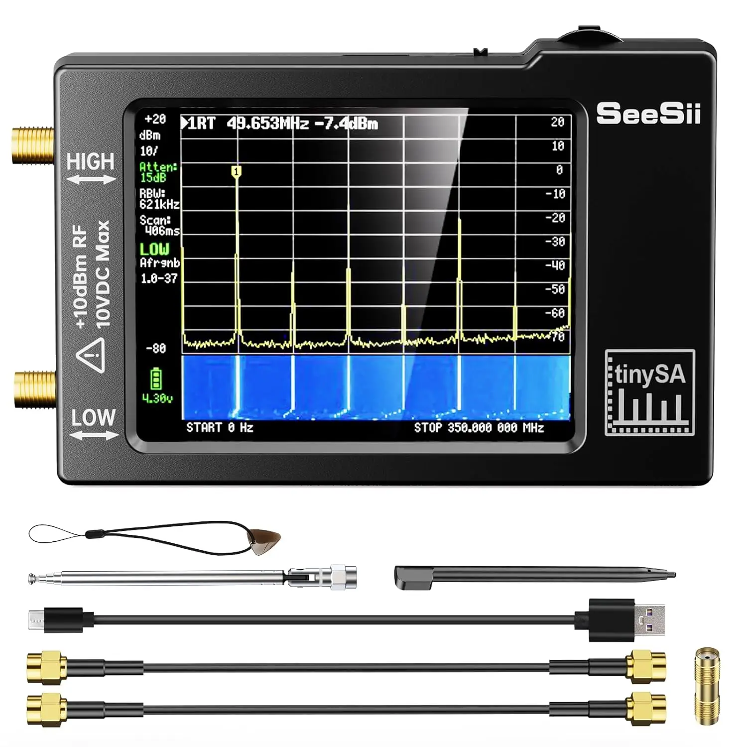 Tragbarer TinySA-Spektrumanalysator, verbesserter V0.3.1 Winziger Frequenzanalysator, 100 kHz bis 960 MHz, MF/HF/VHF-UHF-Eingangssignalgenerator Image