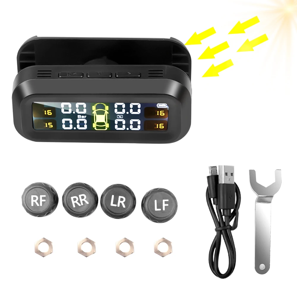 Universelles kabelloses TPMS-Reifendruckkontrollsystem, Solarstromuhr, LCD-Display, 4 externen Sensoren, Reifendrucksensoren Image