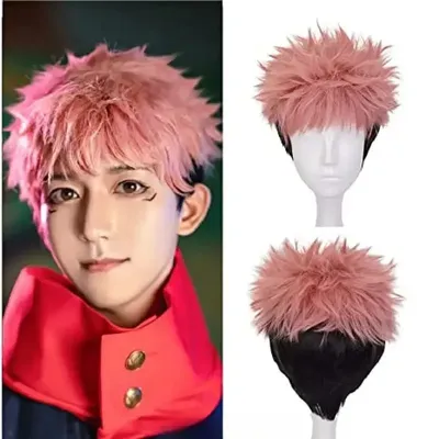 Anime Pink Mix Black Short Synthetic Wig for Yuji Itadori Cosplay Wig Halloween Costume Themed Party