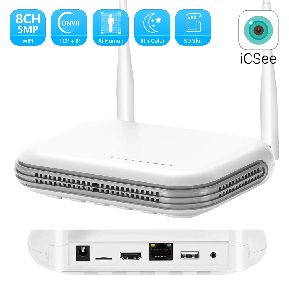 Mini NVR WiFi 8CH 3MP 4CH 5MP H.265 Onvif Registratore Video di Rete Wireless con Rilevamento Volto e Allarme Email, Supporto App XMEYE / iCSee
