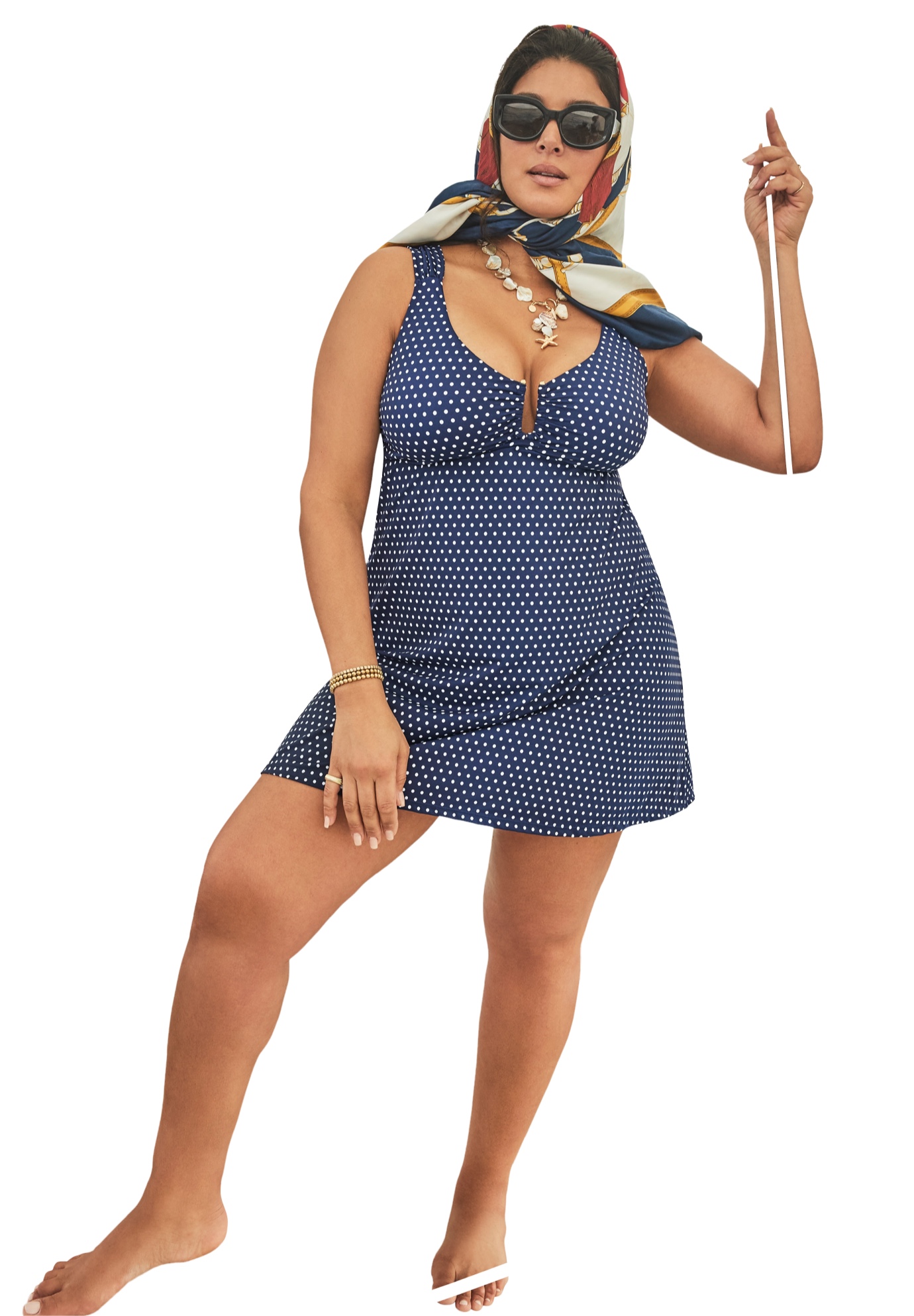 Plus Size Women's U-Neckline Swimdress by Swimsuits For All in Navy Pin Dot (Size 22)