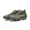 Fußballschuh PUMA "ULTRA 5 MATCH+ FG/AG Fußballschuhe Erwachsene", Gr. 47, matte aged silber gelb alert blau gray, Obermaterial: Synthetik, Textil; Futter: Synthetik, Textil; Innensohle: Textil; Laufsohle: Synthetik, Schuhe